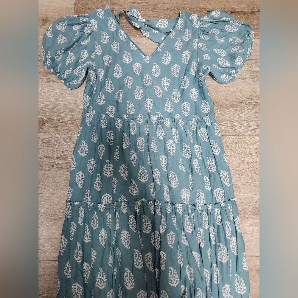 Lucky brand short puff sleeve V neck Tiered Tie Back maxi dress size M - Picture 6 of 10